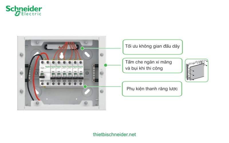 Bên trong tủ điện Acti9 A9HESN08 Schneider – bố trí gọn gàng, tối ưu đấu dây, có tấm che bụi và thanh răng lược đồng bộ