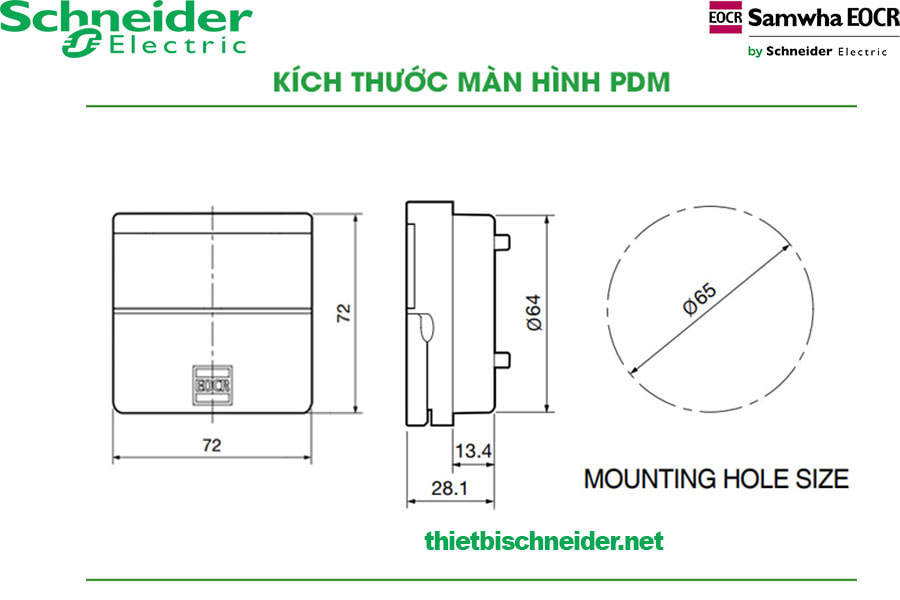 Kích thước màm hình rơ le bảo vệ động cơ EOCR-FMZ2 Schneider