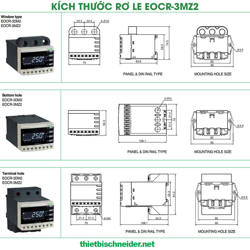 Kích thước rơ le bảo vệ động cơ EOCR-3MZ2 Schneider