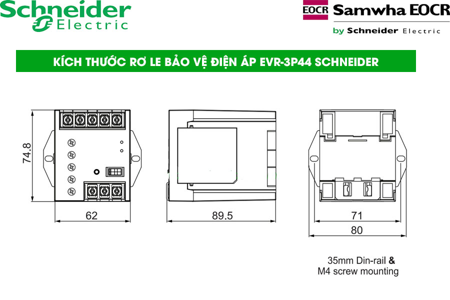 Kích thước Rơ le bảo vệ pha EVR-3P44 Schneider