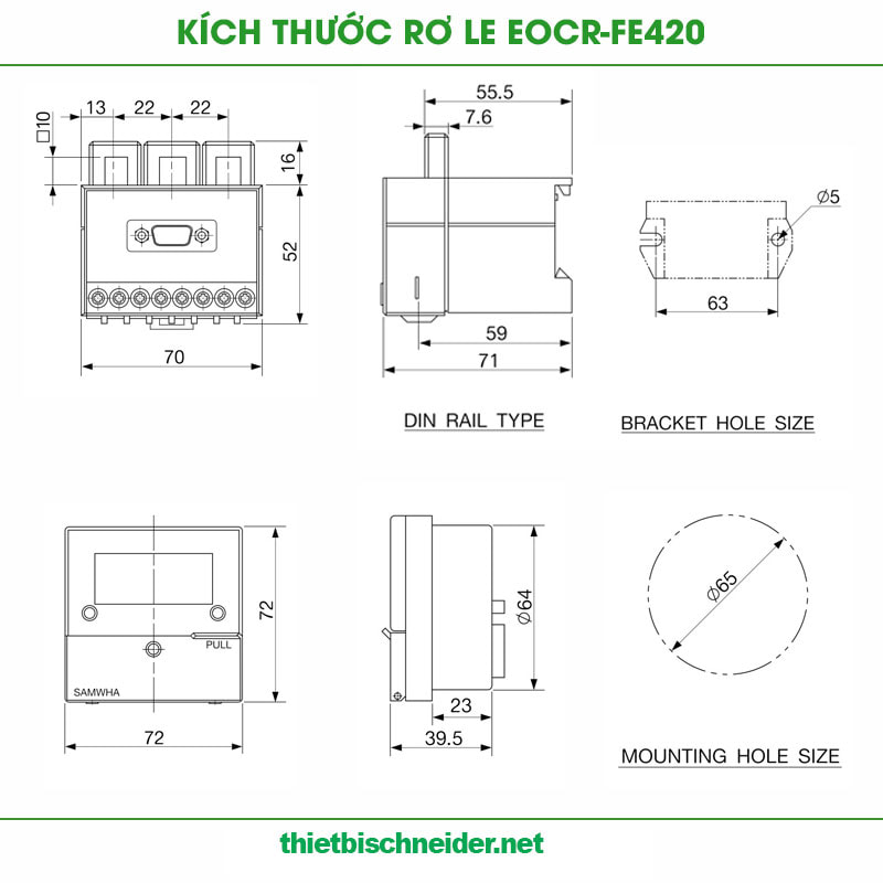 Kích thước Rơ le bảo vệ động cơ EOCR-FE420 Samwha