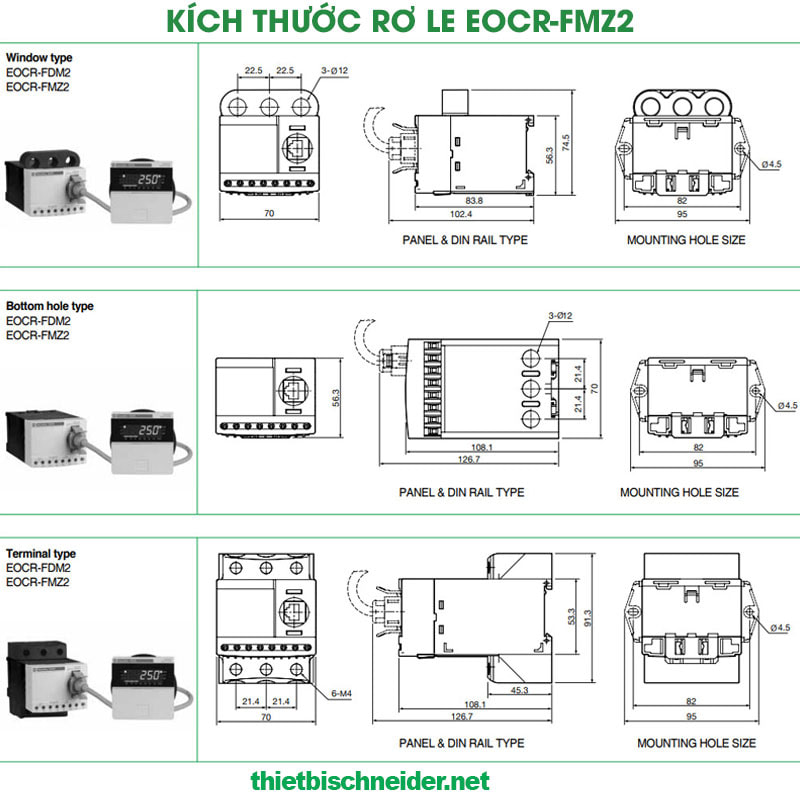 Kích thước rơ le bảo vệ động cơ EOCR-FMZ2 Schneider