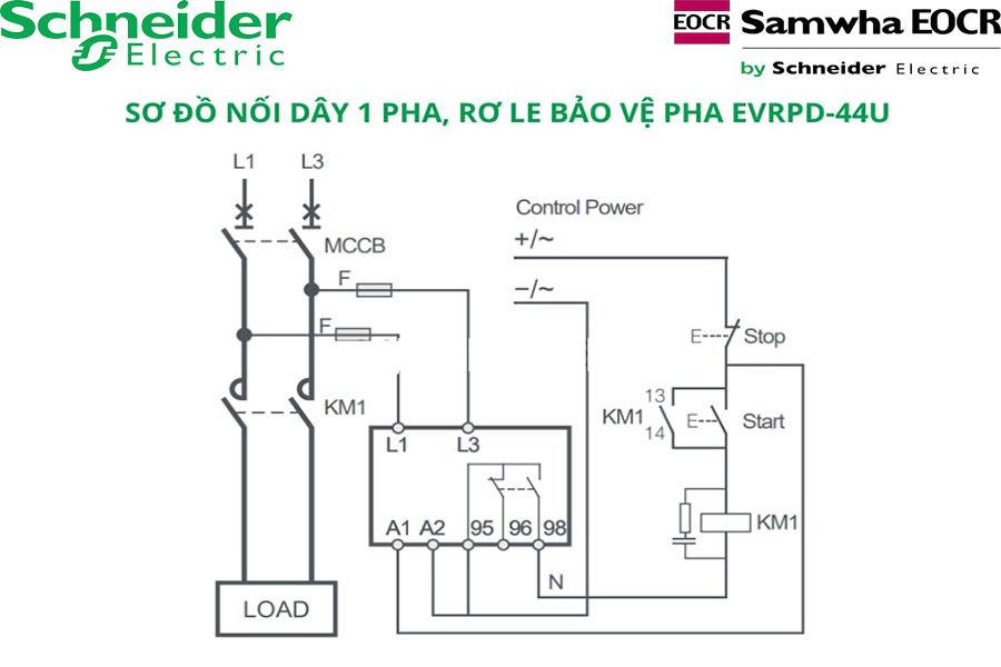 Sơ đồ nối dâyrơ le bảo vệ pha EVRPD-44U Schneider