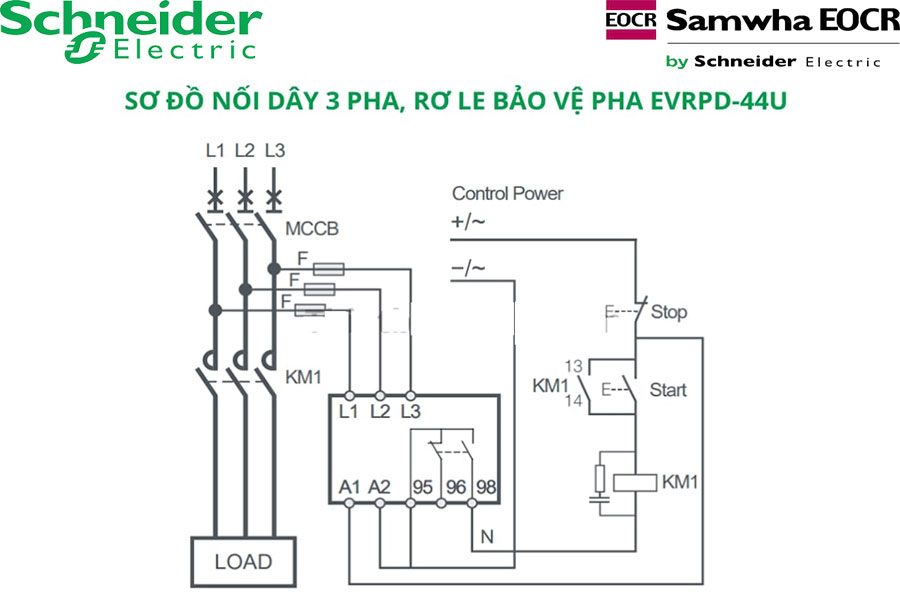 Sơ đồ nối dây Rơ le bảo vệ điện áp 3 pha EOCR EVRPD-44U Schneider