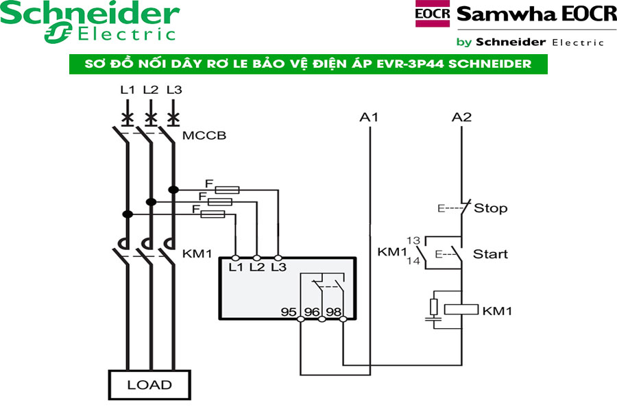 Sơ đồ đấu nối Rơ le bảo vệ pha EVR-3P44 Schneider