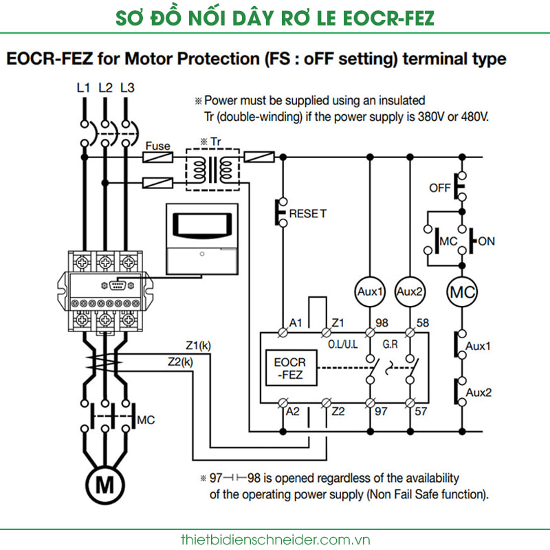 Sơ đồ đấu nối rơ le bảo vệ động cơ EOCR-FEZ Schneider Samwha