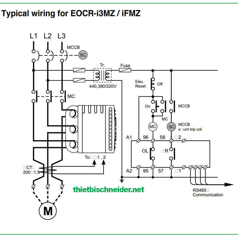 Sơ đồ đấu nối rơ le bảo vệ động cơ EOCR-i3MZ Schneider Samwha