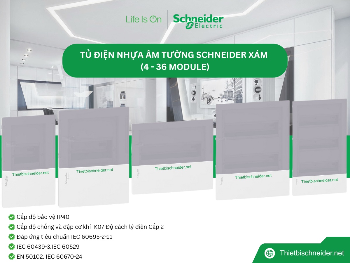 Ảnh tổng hợp các model tủ điện âm tường Resi9 MP cửa xám (4, 6, 8, 12, 18, 22, 36 module) -MIP22118T