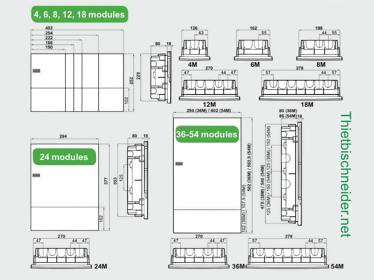 Kích thước tủ điện nhựa nổi Schneider ( 4 - 36module )