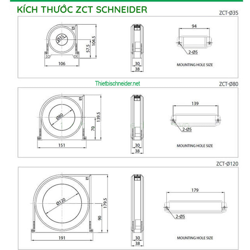 Kích thước biến dòng chạm đất ZCT-35-Z Schneider