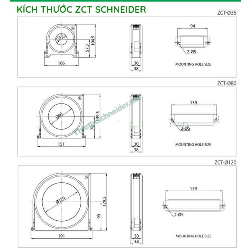 Kích thước biến dòng bảo vệ chạm đất ZCT-35 Schneider