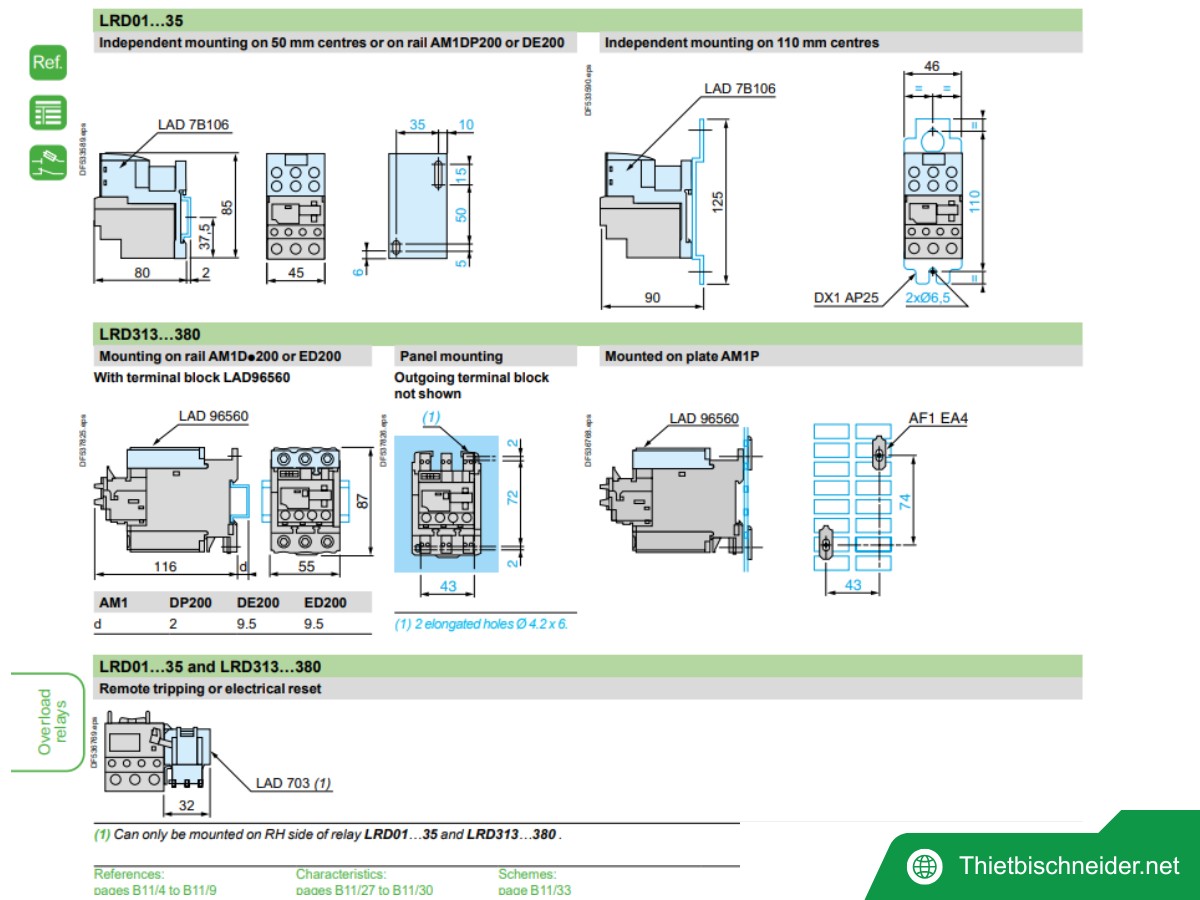Ảnh thông số kích thước rơ le nhiệt Schneider - LRD365