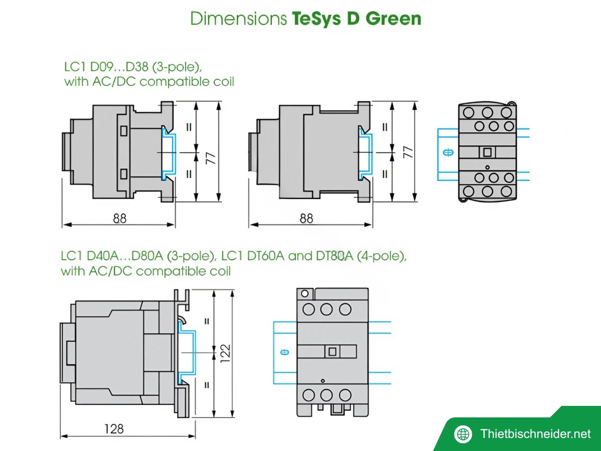 Kích thước khởi động từ LC1D Schneider