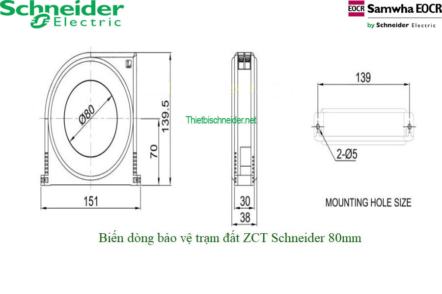 Kích thước Biến dòng bảo vệ chạm đất ZCT-080-Z Schneider