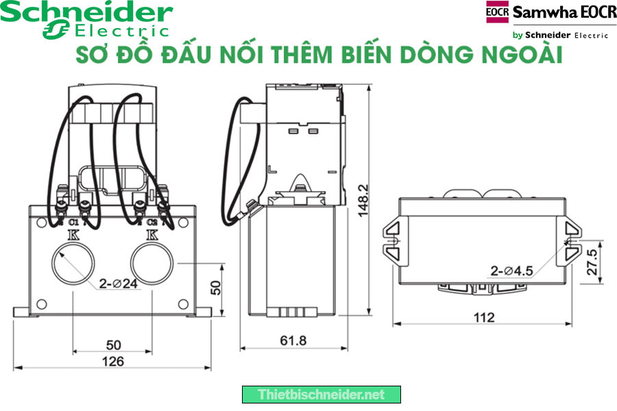 Sơ đồ đấu nối thêm biến dòng ngoài của Rơ le điện tử EOCRSS-05W Schneider