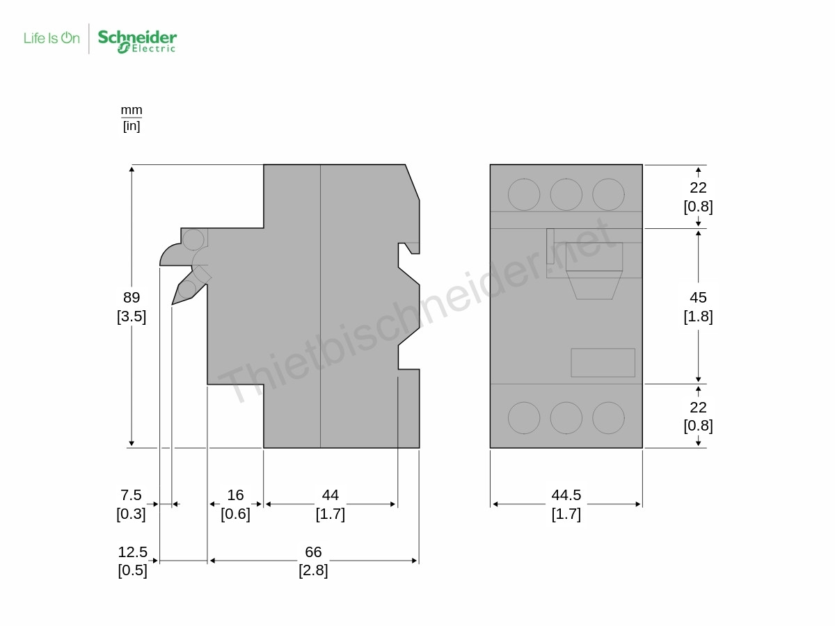 Kích thước CB bảo vệ động cơ GV2LE Schneider