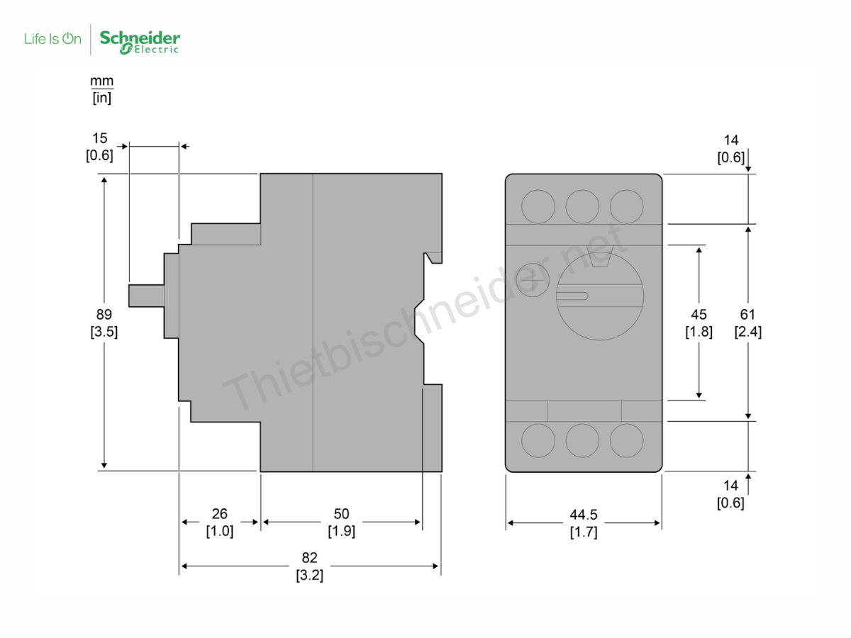 Kích thước CB bảo vệ động cơ GV2P Schneider