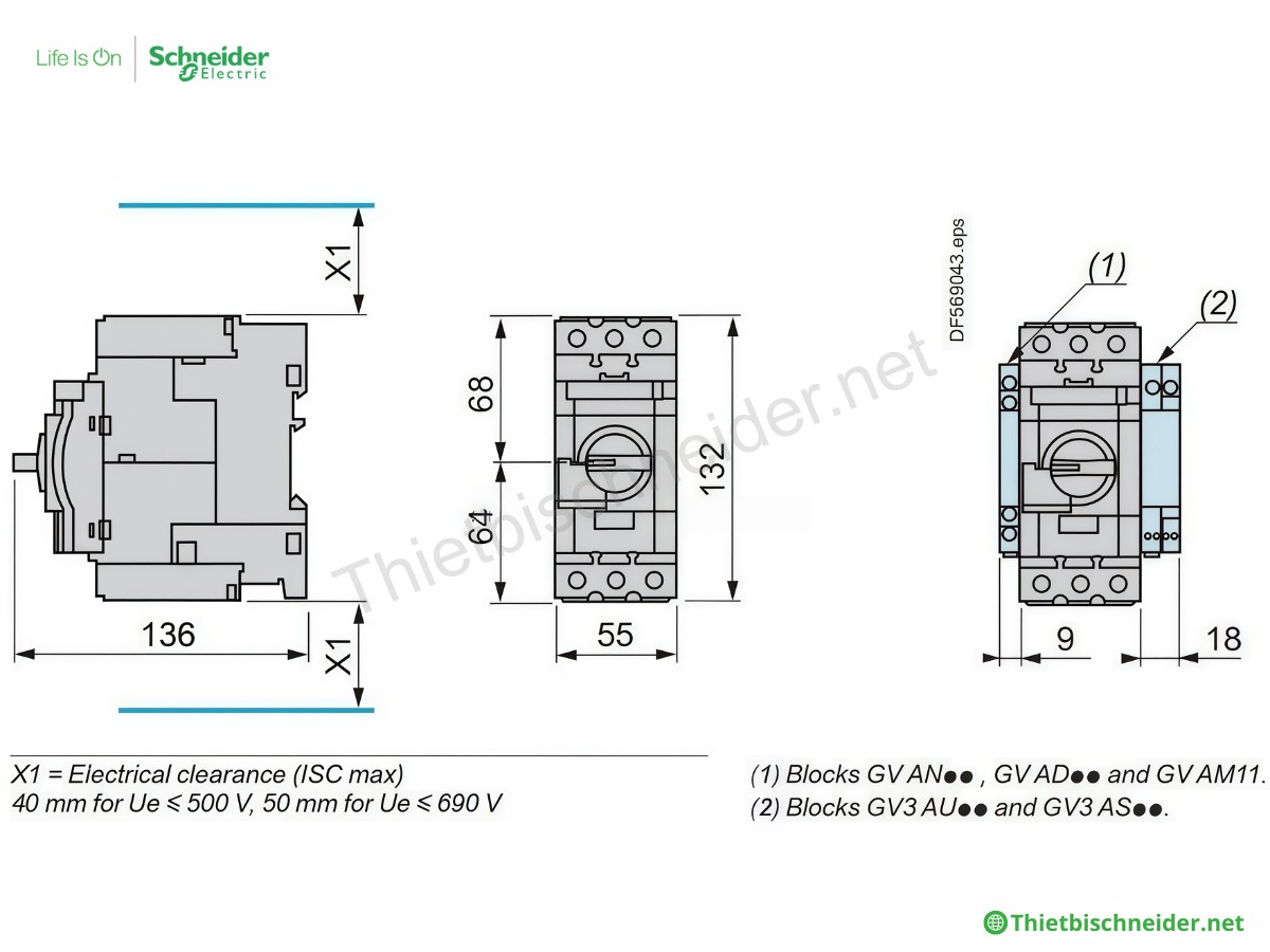 Kích thước Cầu dao GV3P bảo vệ động cơ Schneider