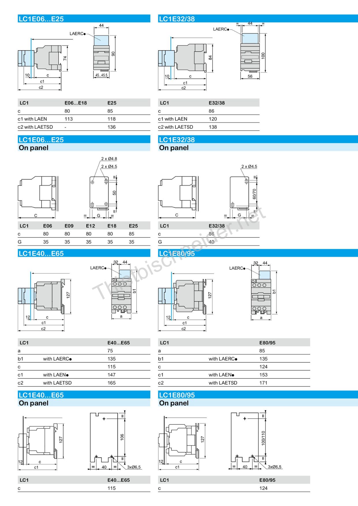 Kích thước của khởi động từ dòng LC1E Schneider TeSys Deca