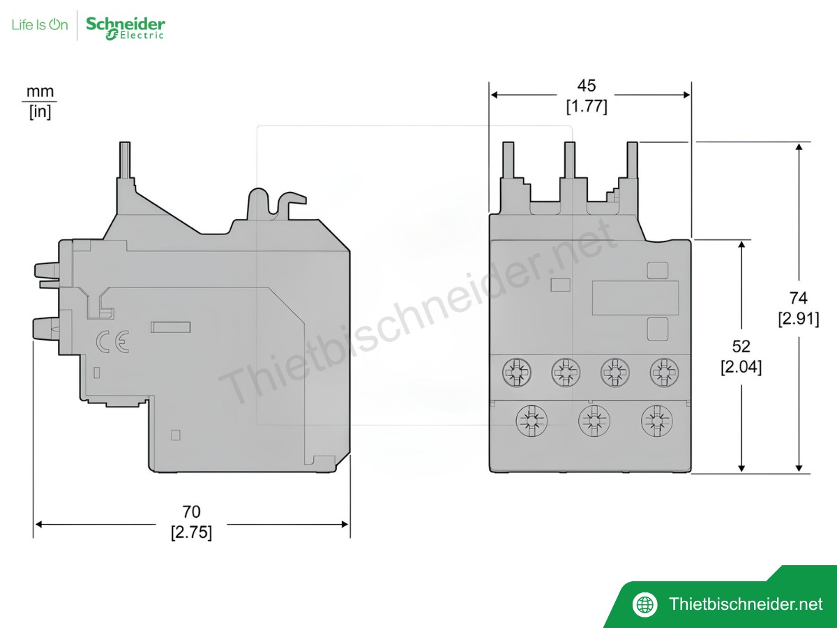 Kích thước rơ le nhiệt Schneider Tesys Deca