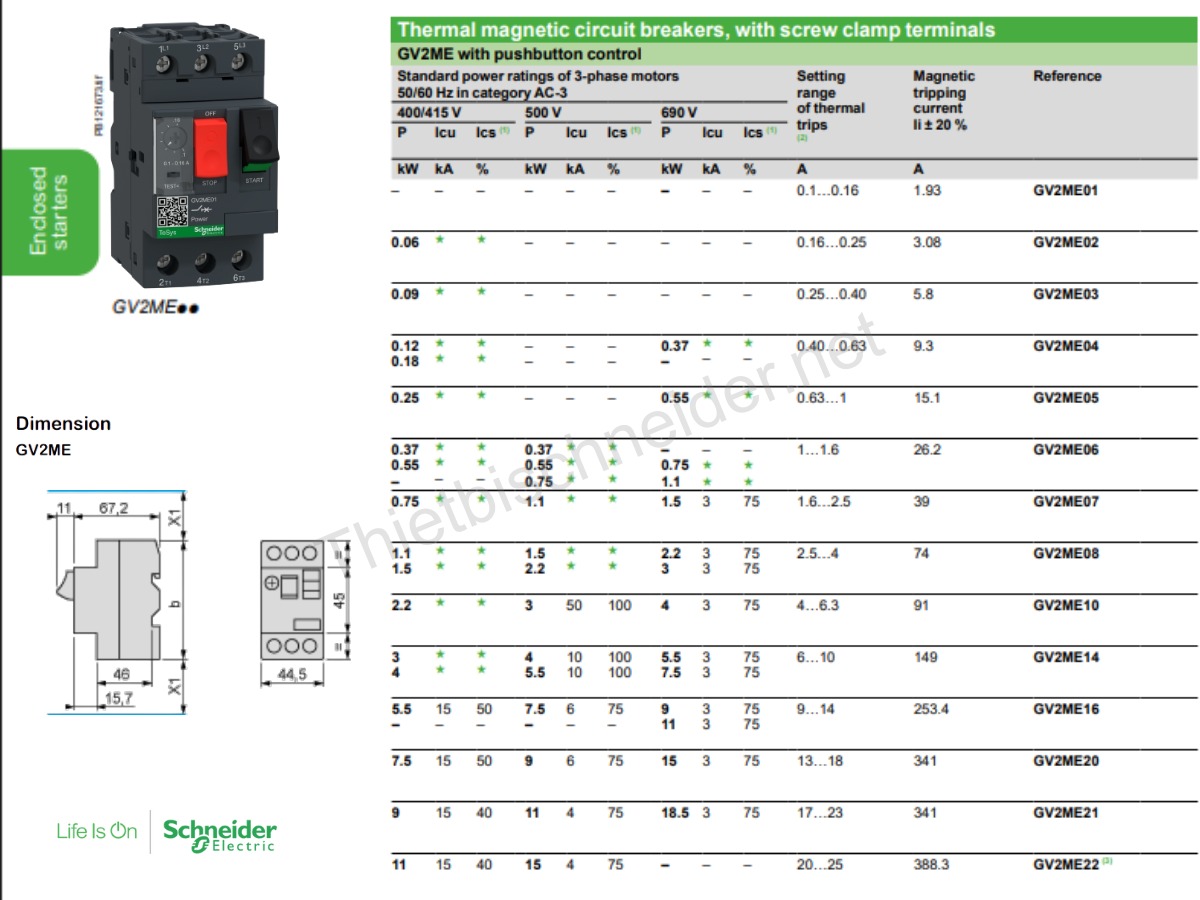Kích thước và các mã GV2ME CB bảo vệ động cơ Schneider