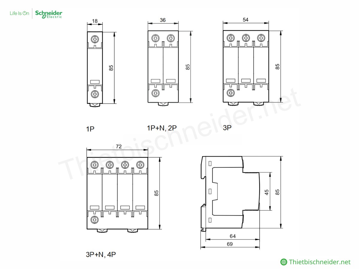 Kích thước Thiết bị chống sét iPRD Acti9 Schneider - A9L15687