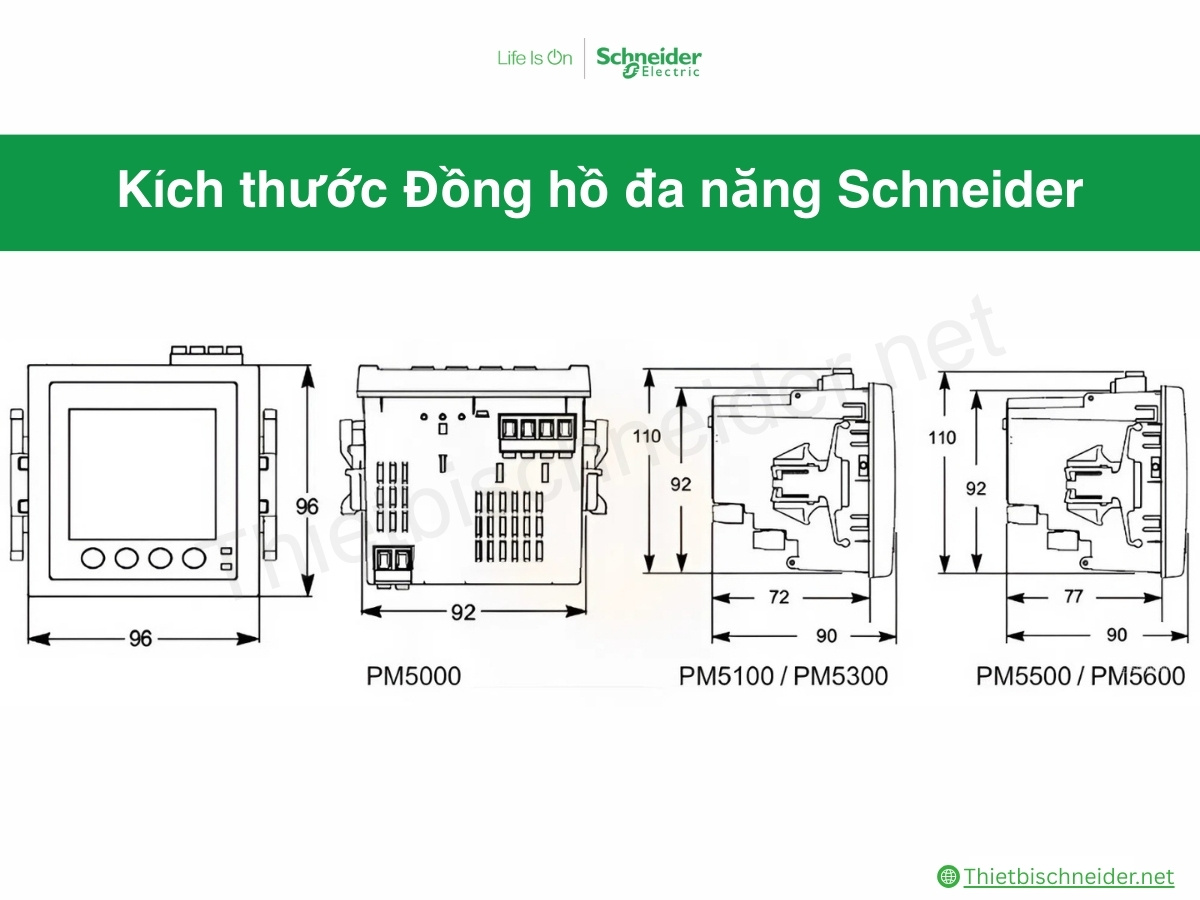 Kích thước tổng thể đồng hồ đo điện đa năng Schneider Electric - METSEPM5560