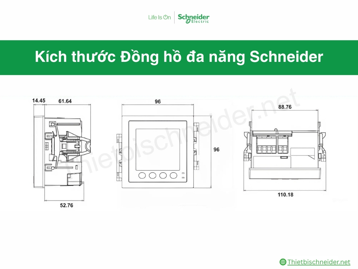 Sơ đồ kích thước tổng thể đồng hồ đo điện đa năng Schneider Electric - METSEPM2110