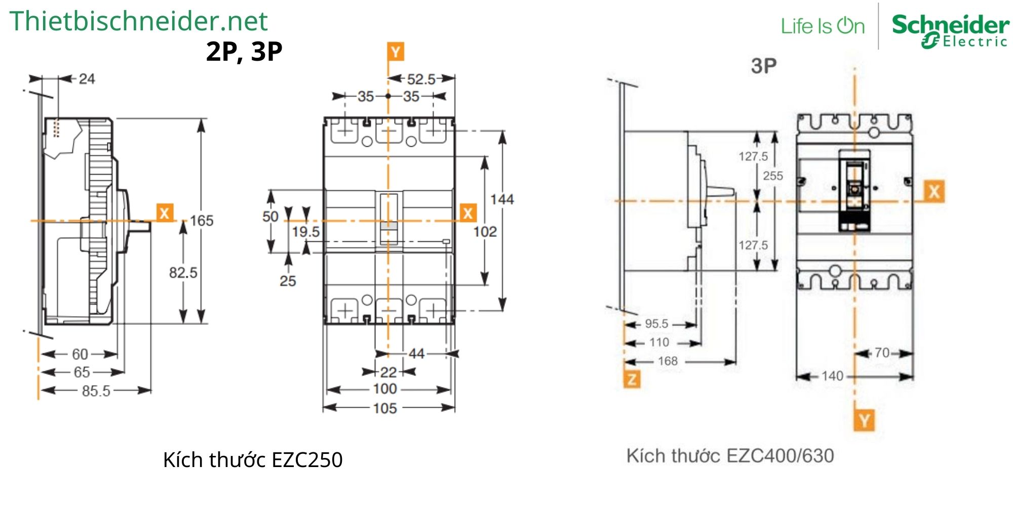 kích thước MCCB Easypact EZC250 EZC400_630 Schneider