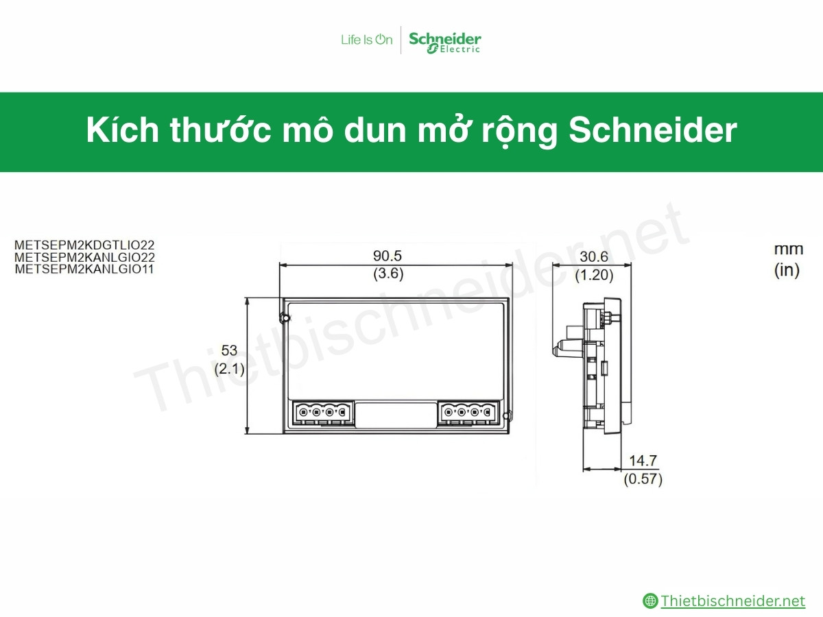 Kích thước mô đun mở rộng đồng hồ đo điện đa năng Schneider - METSEPM2KANLGIO22