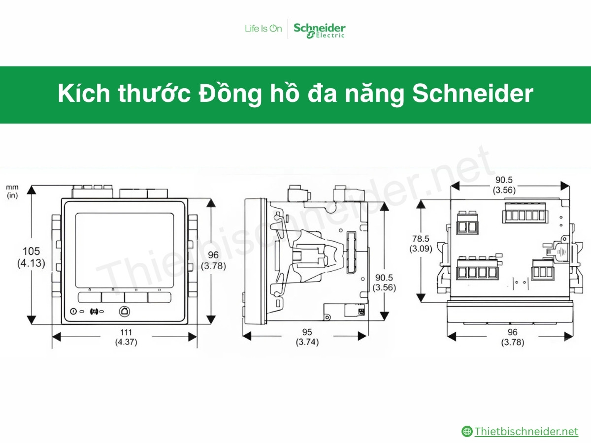 Kích thước tổng thể đồng hồ đo điện đa năng Schneider - METSEPM8244